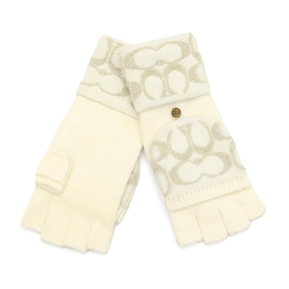 COACH SIGNATURE C WOOL BLEND POP TOP GLOVES MITTENS IVORY/SILVER - Picture 1 of 5
